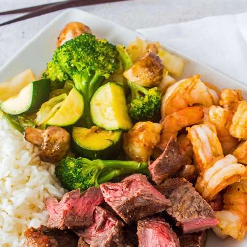 Filet mignon and shrimp hibachi surf and turf plate