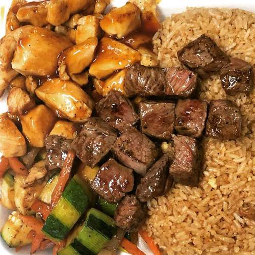 NY strip steak and hibachi chicken with Japanese fried rice